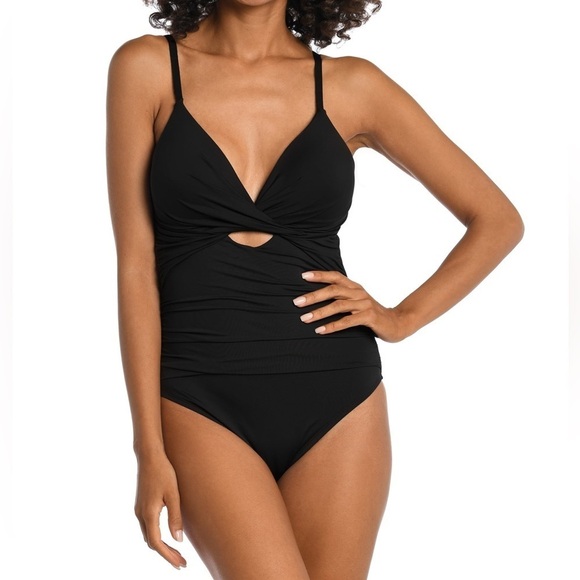 La Blanca Island Goddess Twist Keyhole One Piece Black Size 8 - Picture 1 of 10